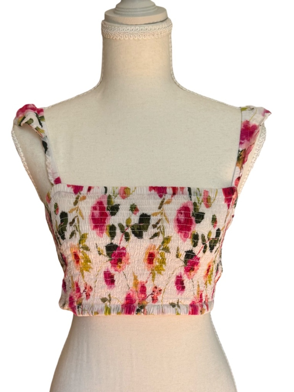 Nanette Lepore Ruffle Smocked Crop Top in Pink & Yellow Rose Floral Print Sz Med
